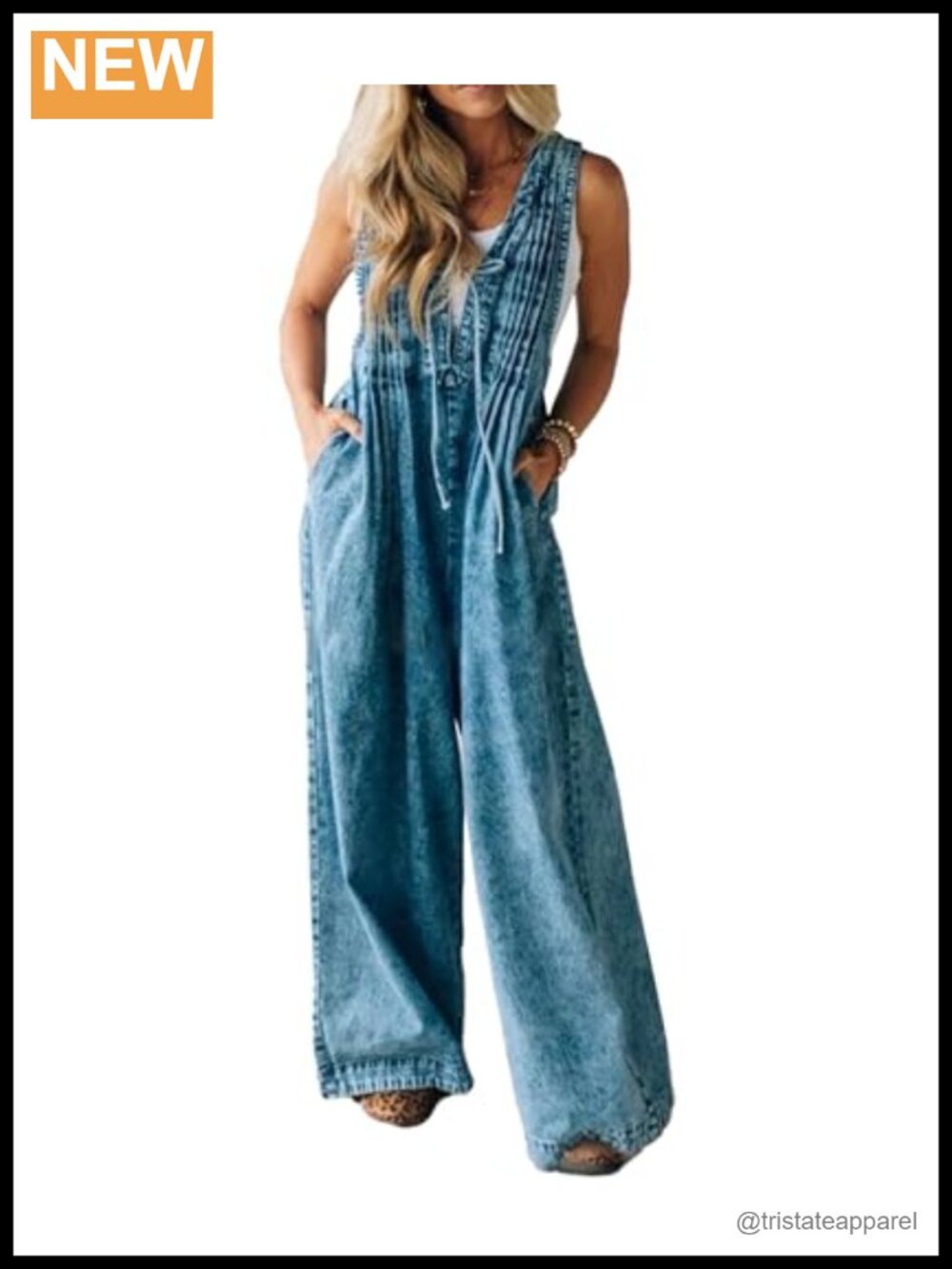Sleeveless Wide Leg Denim Jumpsuit Pleated Tie Front Baggy Overalls